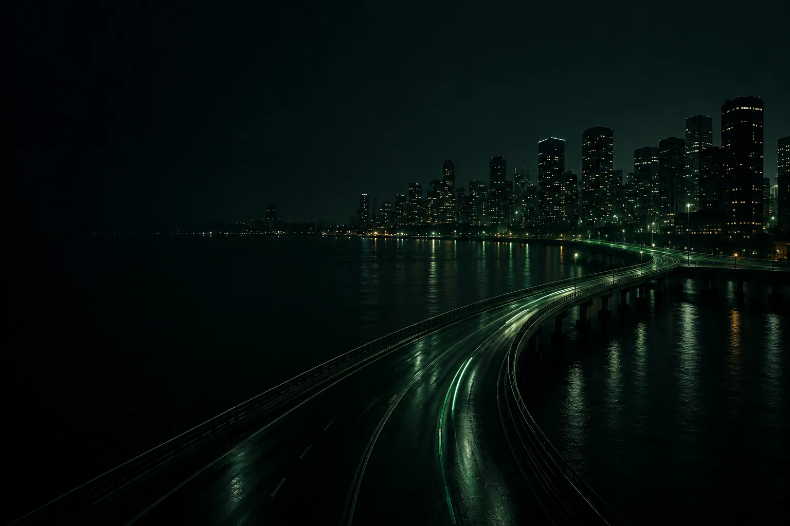 Lit coastal road with a bridge and high-rises by the water at night